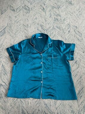 Teal Satin Short Sleeve Button-Up Pajama Top with White Piping